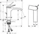 Waschtischmischer von Hansgrohe mit einem Hebel und Zugstangen-Ablaufgarnitur, dargestellt in technischer Zeichnung mit Maßangaben für Montage und Abmessungen.